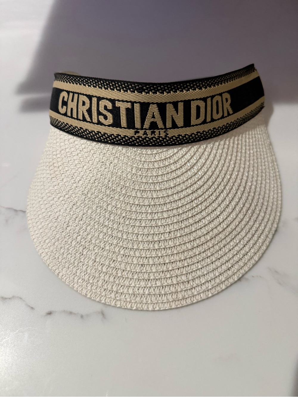 New Dior Ivory Straw Visor with Navy and Tan Logo Band